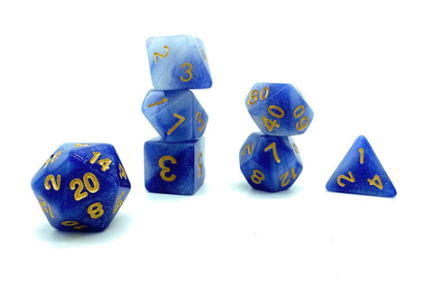 Blue Crystal Dice - Blue and White Opaque with Glitter and Gold Numbers