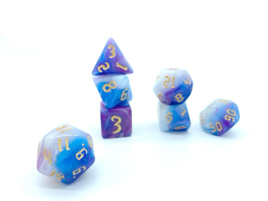 Spell Book Dice - Purple, Blue and White Swirl with Gold Numbers