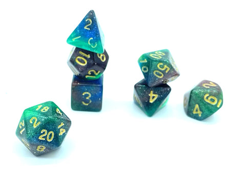 Wildspace Dice - Blue and Green Swirl with Glitter and Gold Numbers