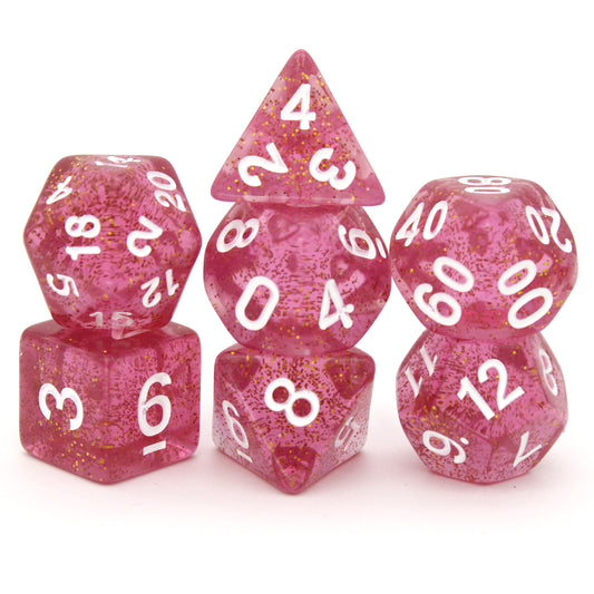 Ancestral Guardian is a 7-piece light red translucent dice set with gold sparkles and white numbers.