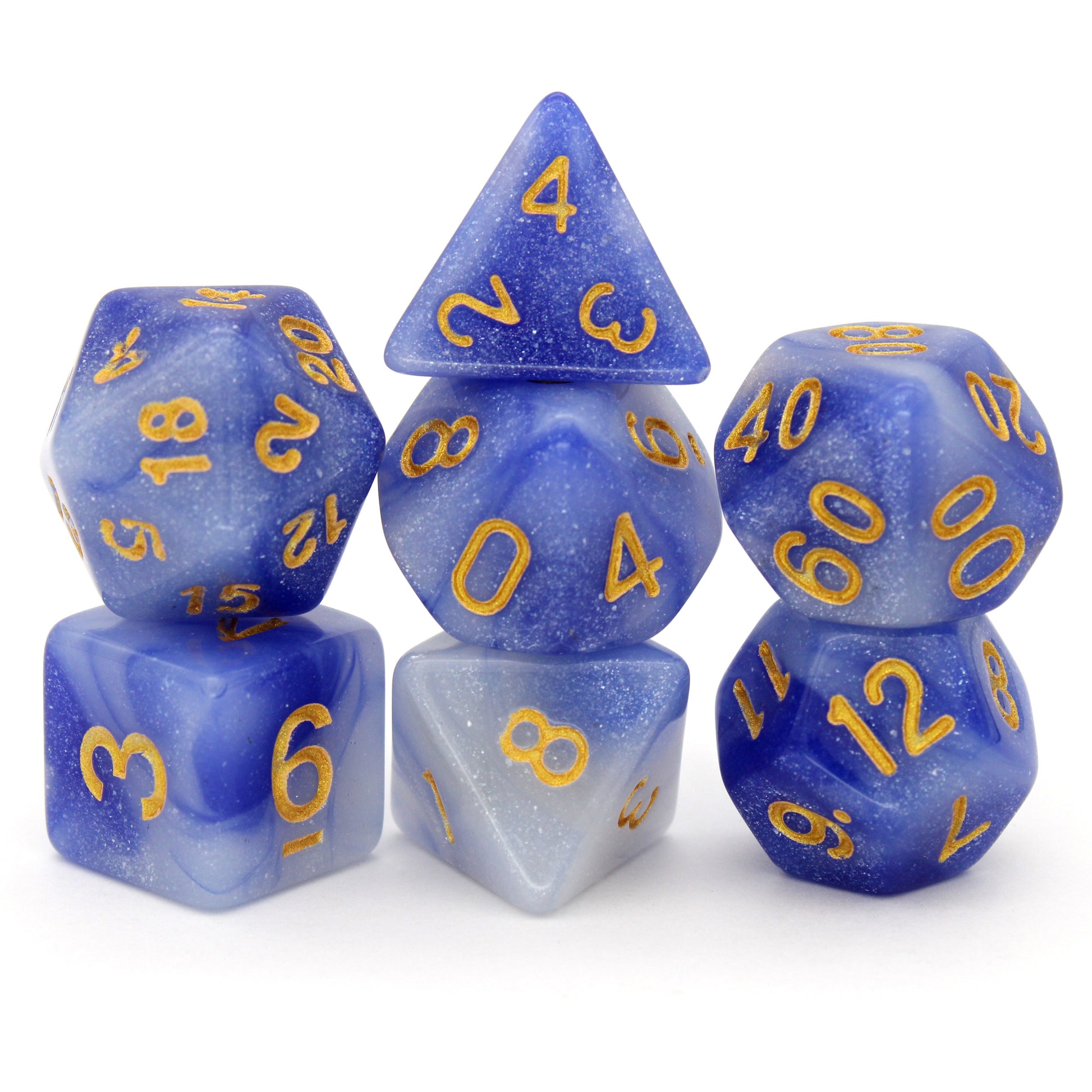 Blue Crystal is a 7-piece blue and white opaque set with pearlescent glitter and gold numbers.