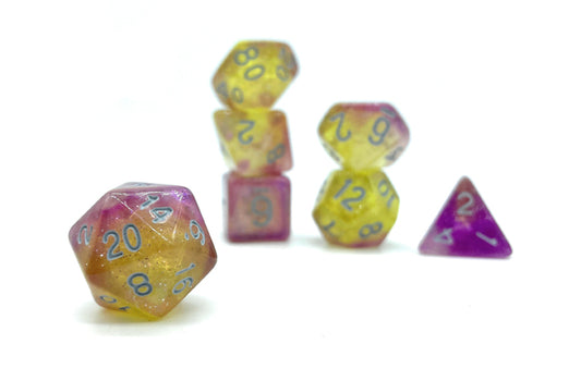 Lavender Mist Dice - Purple and Yellow Translucent with Sparkles and White Numbers